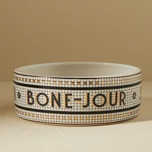 Anthropologie The Bistro Tile Small Stoneware Dog Cat Bowl Black White Gold